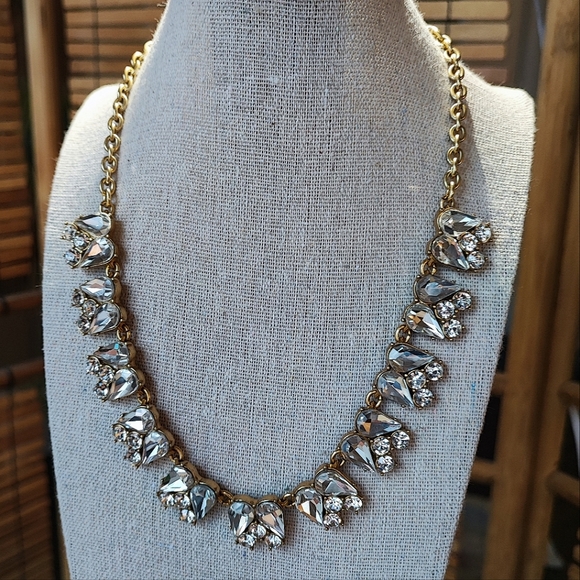 J. Crew Round Teardrop Crystal Clear Rhinestones Oxidized Brass Necklace Bride - Picture 2 of 10